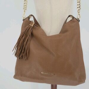 Michael Kors Brown Pebbled Leather Tassel Hobo Shoulder Crossbody Bag Gold Chain